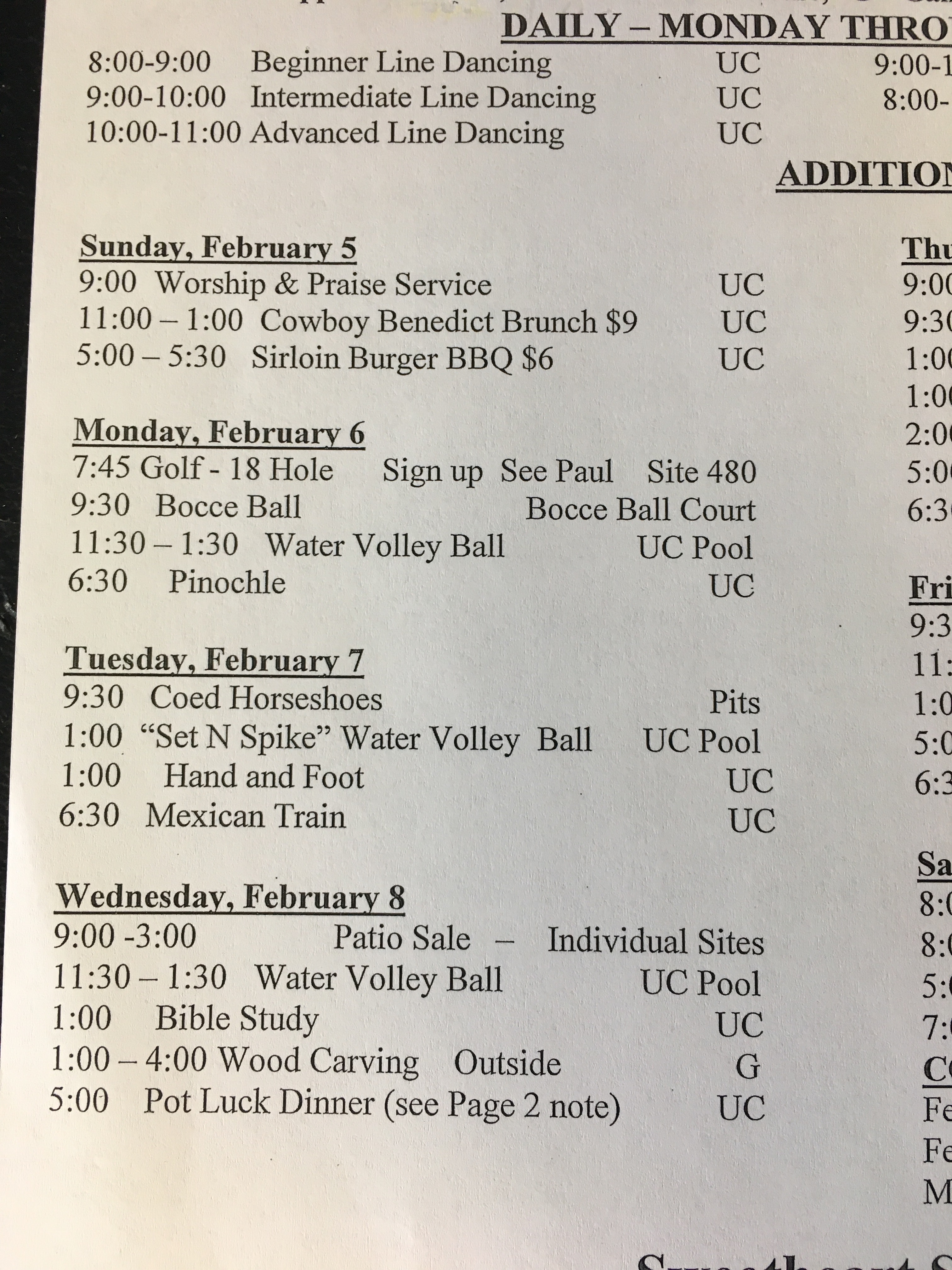 A sample of the daily schedule