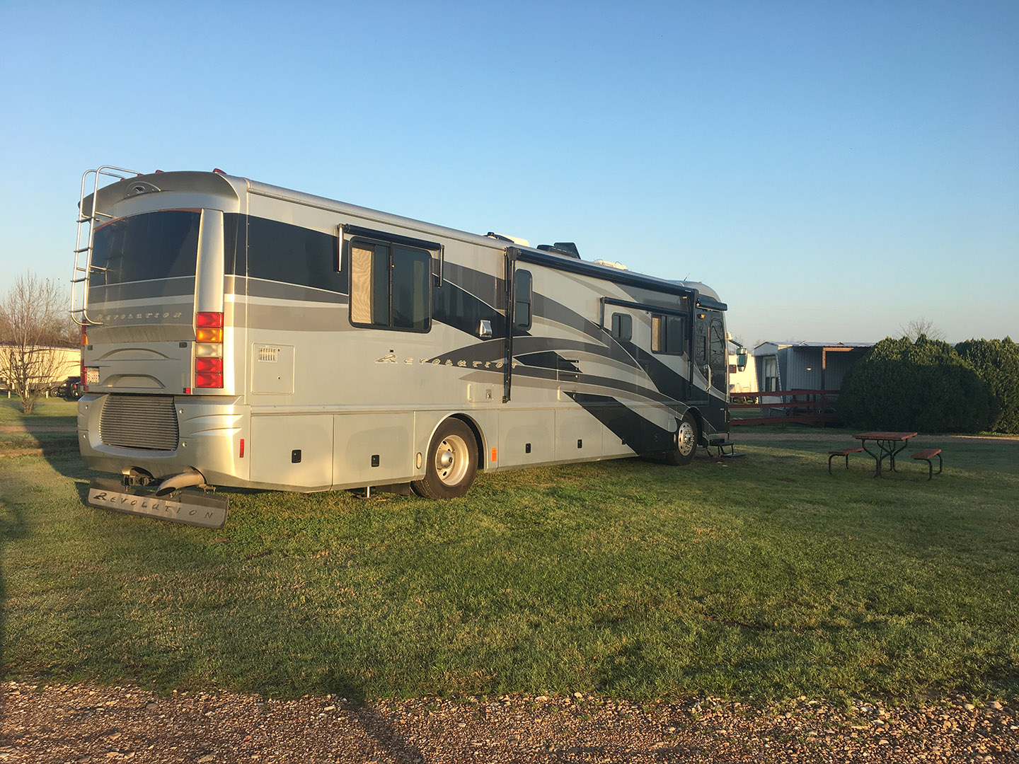 Our motorhome parked on the grass