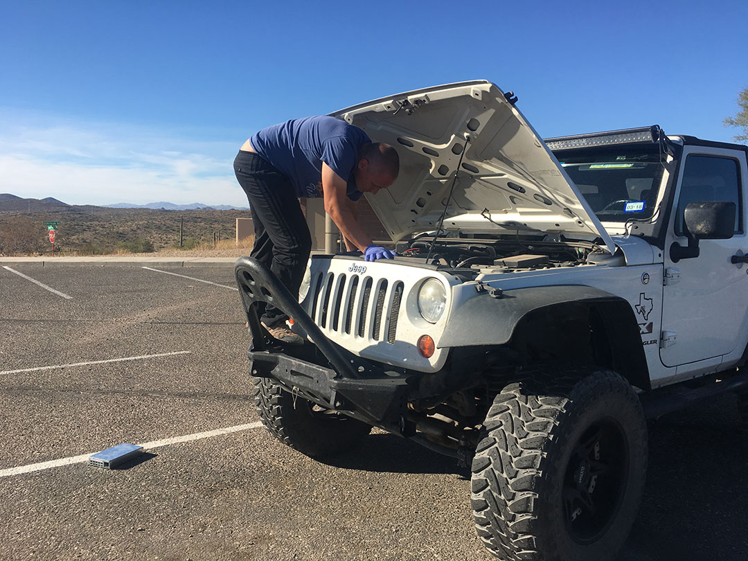 Trying to see a kangaroo rat hiding in the Jeep engine bay