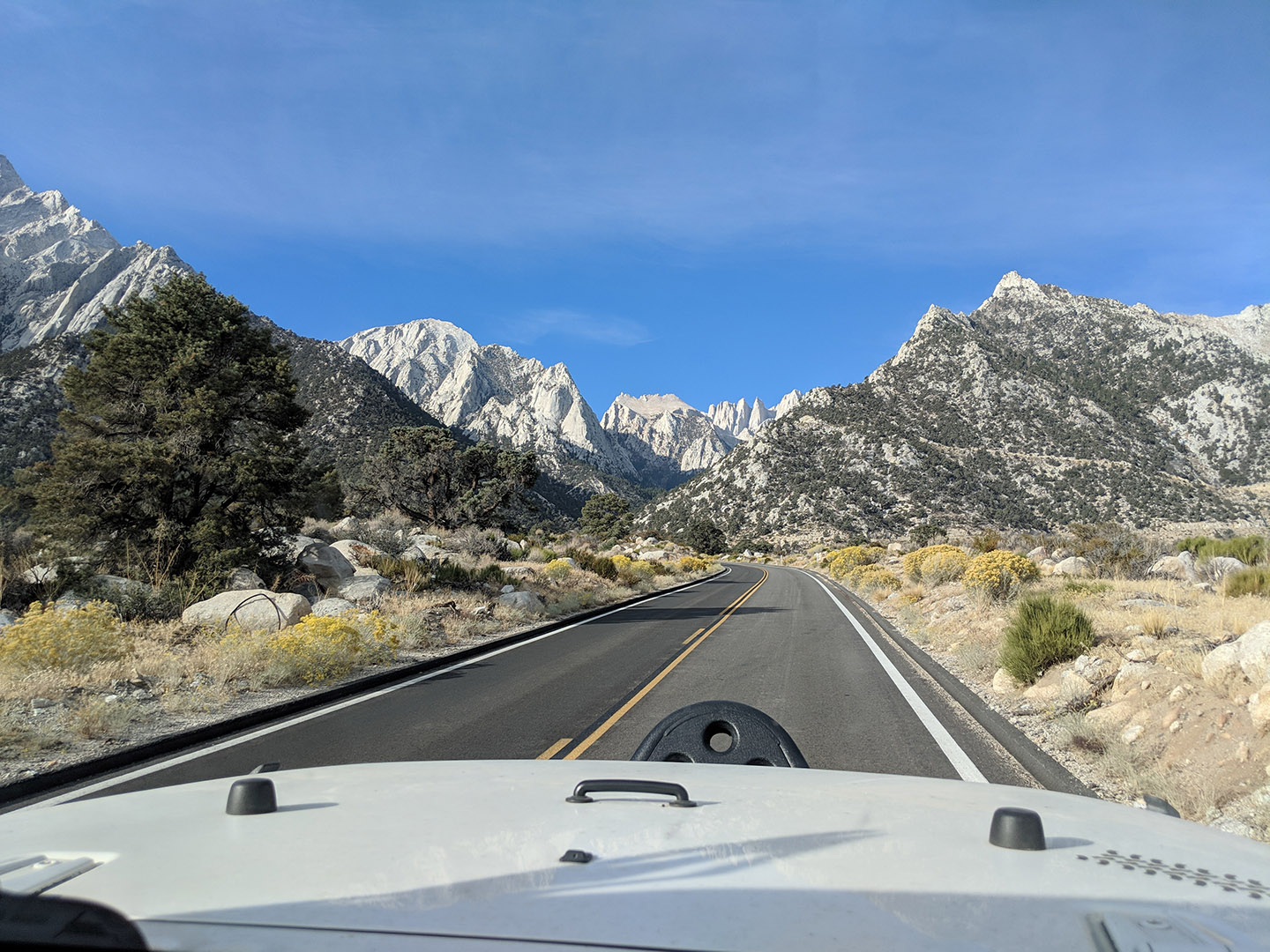 View through the windshield toward Whitney Portal